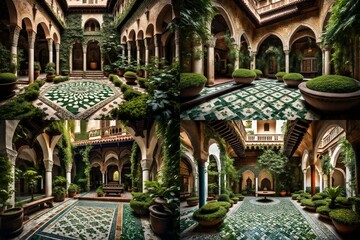 Fototapeta na wymiar A peaceful monastery courtyard adorned with ornate tiles and lush greenery.