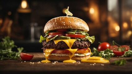 Cheese burger - American cheese burger with fresh vegetables on wooden table - obrazy, fototapety, plakaty