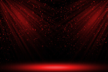 Stage light and red glitter lights on floor. Abstract background for display your product. Spotlight realistic ray