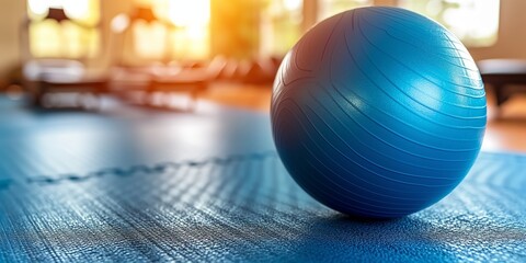 Close-up of a blue exercise ball in a brightly-lit gym space