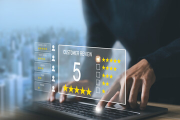 satisfaction survey, 5-star rate review of clients. concept of best feedback customers. experience...