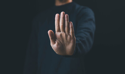 person's hand showing palm gestures stop concepts of violence, warning, refuse, and defense. the hand sign of men a stop, caution  - obrazy, fototapety, plakaty