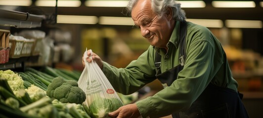 Senior male store employee stacks a bunch of broccoli in the warehouse. Horizontal banking for web. Photo AI Generated - obrazy, fototapety, plakaty