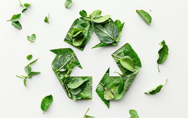 Recycle symbol made of fresh leaves on white background