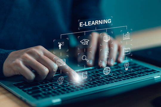training digital online, e-learning on a laptop. concept lesson learning e-book, library on the internet website, webinar technology, course education. learning icon
