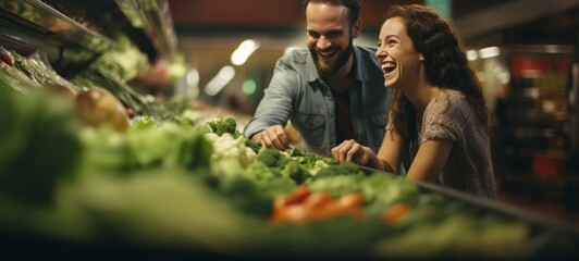 Young couple laughing and choosing greens and broccoli on the shelves in a supermarket. Product shopping, side shot of customers. Horizontal banking for web. Photo AI Generated