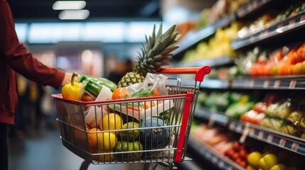 A grocery cart filled with food in a supermarket between different people. Horizontal banking for web. Photo AI Generated - obrazy, fototapety, plakaty