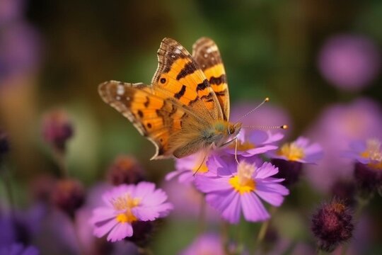 Butterfly on violet verbena flower in blooming garden. Generative AI