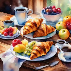 breakfast with croissants and coffee