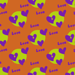 Seamless abstract pattern with hearts, Love letters. Orange background. Green, purple, black. Vector. Valentine's Day. Designs for textile fabrics, wrapping paper, background, wallpaper, cover.