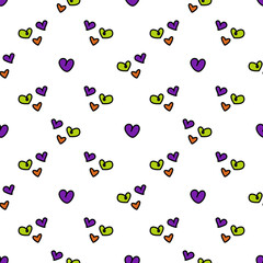 Seamless abstract pattern with  hearts. White background. Green, purple. Vector. Valentine's Day. Designs for textile fabrics, wrapping paper, background, wallpaper, cover.