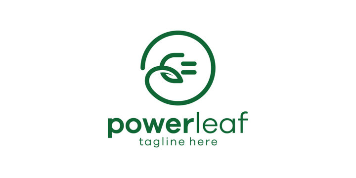 The logo design combines the shape of a plug with a leaf, a green power logo design.