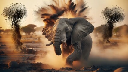 Elephant charging in dusty savannah at sunset with trees turning into birds