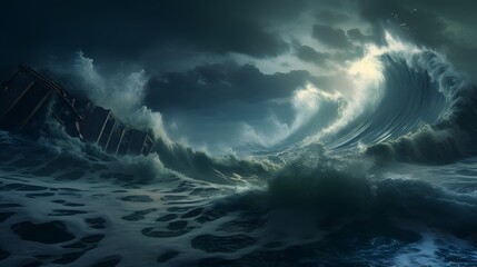 Apocalyptic dramatic background, giant tsunami waves, dark stormy sky, Tornado. Huge waves Tsunami Big waves. 3d render - obrazy, fototapety, plakaty