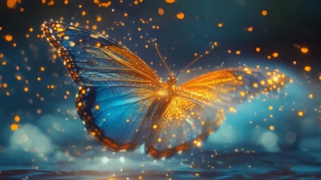 Glowing butterfly with magical sparkles moving around. The luminous butterfly flies through a neon garden with magic light. Compound background, graphic animation. 3D Animation 4K Seamless Loop. neon 