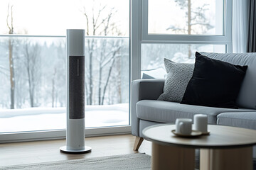 A sleek tower fan in a modern apartment living room - providing efficient cooling with a stylish design - enhancing urban comfort and aesthetic.