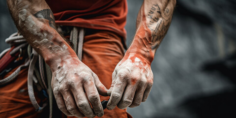 A close-up of a climber chalking up their hands before a climb, with ropes and climbing gear in the background created with Generative Ai