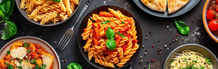 a group of dishes with pasta on it