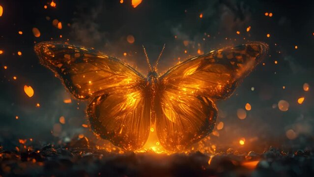 Glowing butterfly with magical sparkles moving around. The luminous butterfly flies through a neon garden with magic light. Compound background, graphic animation. 3D Animation 4K Seamless Loop. neon 