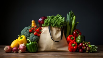 Beige eco bag with various vegetables: pepper, onion, lettuce, broccoli, tomatoes, root vegetables on the table, dark background. Horizontal banking for web. Photo AI Generated