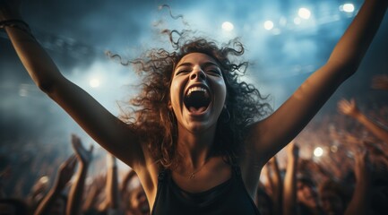 a female at a music concert with her arms up