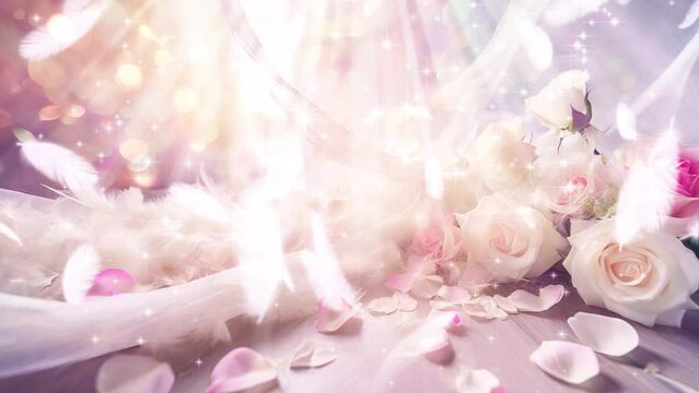 純白の薔薇の花束と羽とピンクの背景のウエディングイメージ　ループ動画
