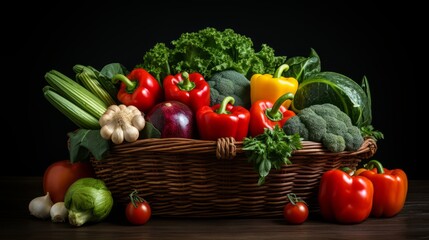 Vegetables, wicker basket on the counter in the store: broccoli, tomatoes, onions, greens, carrots, peppers, garlic. Close shot. Horizontal banking for web. Photo AI Generated