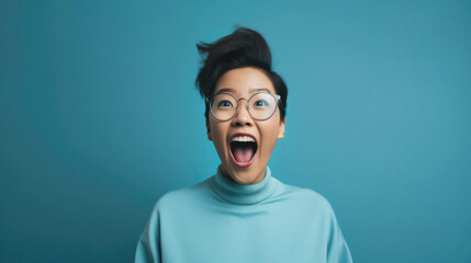 Excited young asian girl in eyeglasses