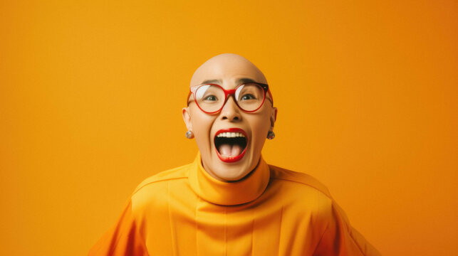 Young Asian Woman Wearing Glasses And Orange Sweater With Red Jacket Over Yellow Background Celebrating Mad And Amazed Success For Arms Arms Raised And Closed Eyes Screaming Excited