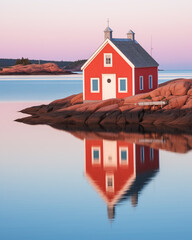 Swedish archipelago with a little red house at dusk. Generative AI. - 710592694