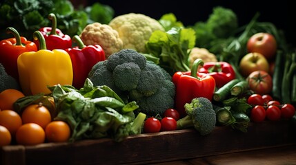 Fresh vegetables, fruits on counter in grocery store: broccoli, apples, tomatoes, onions, greens, peppers, cauliflower. Close-up view, dark background. Horizontal banking for web. Photo AI Generated