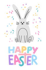 Vector gift card with cute rabbit. Happy easter quote in simple style. Bright and lovely colors on white background