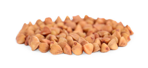 Many dry buckwheat grains isolated on white