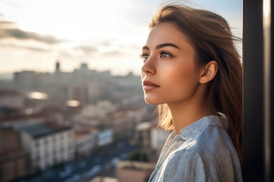 Cropped Shot Of An Attractive Young Woman Standing On A Balcony Overlooking The City