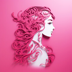 Woman face in paper cut out effect on pink isolated background - ai generative