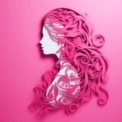 Woman face in paper cut out effect on pink isolated background - ai generative
