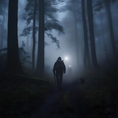 Creepy person, misty forest at night