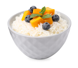 Bowl of delicious rice porridge with blueberries and pumpkin isolated on white