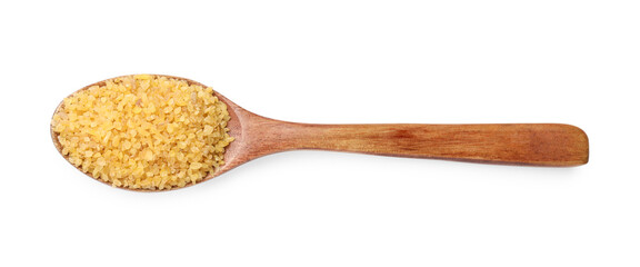 Spoon with raw bulgur isolated on white, top view