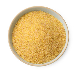 Bowl of raw bulgur isolated on white, top view