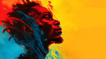 Stylized color background in honor of Black History Month with a portrait of an African man surrounded by abstract illustration in red, yellow, and blue colors with copy space.