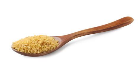 Spoon with raw bulgur isolated on white