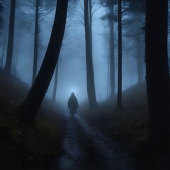 Creepy person, misty forest at night