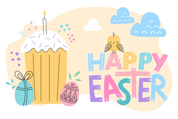 Vector gift card with kulich, eggs, and cute elements like bird and clouds. Happy easter quote in simple style. Bright and lovely colors on white background