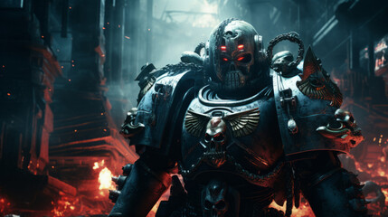 Fototapeta premium Warrior with dark military dress in cyberpunk style, halloween motive