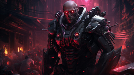 Warrior with dark military dress in cyberpunk style, halloween motive - obrazy, fototapety, plakaty