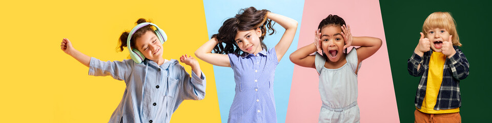 Collage made of different happy, positive, smiling children having fun, dancing, listening to music in headphones. Concept of childhood, emotions, lifestyle, positive mood. Banner - Powered by Adobe