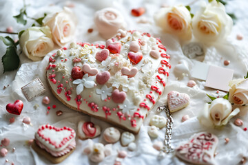 Obraz na płótnie Canvas An image of a heart-shaped cookie decorated with colorful candies and icing, surrounded by white roses