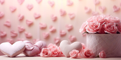 Obraz na płótnie Canvas A dreamy and soft-focused image of a bouquet of delicate pink roses next to a collection of handcrafted hearts made of various materials like paper created with Generative Ai