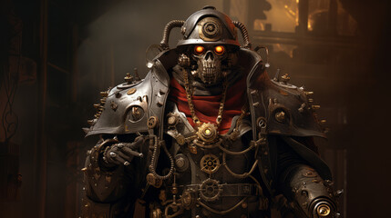 Undead Warrior with dark military dress in cyberpunk style, halloween motive